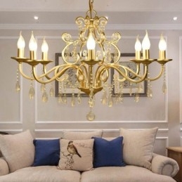 Lustre rustique Lodge à 8 lumières en acier cristal avec abat-jour en tissu