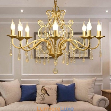 Lustre rustique Lodge à 8 lumières en acier cristal avec abat-jour en tissu Lustre rustique Lodge à 8 lumières en acier cristal avec abat-jour en tissu