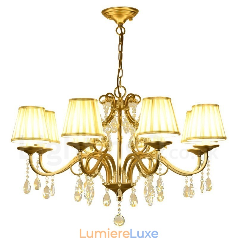 Lustre rustique Lodge à 8 lumières en acier cristal avec abat-jour en tissu