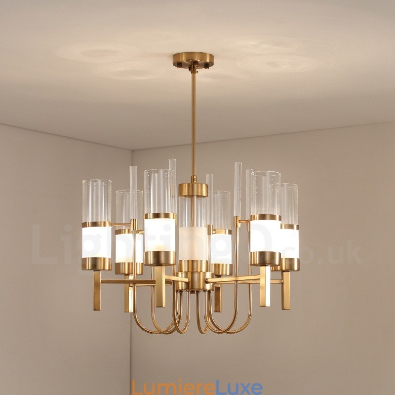Lustre rustique contemporain moderne à 6 lumières en acier avec abat-jour en verre