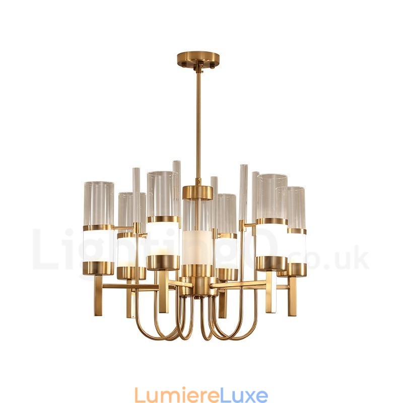 Lustre rustique contemporain moderne à 6 lumières en acier avec abat-jour en verre