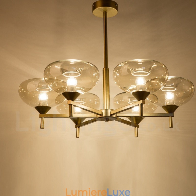 Lustre contemporain moderne en alliage d'aluminium à 6 lumières avec abat-jour en verre