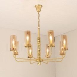 Lustre contemporain moderne à 8 lumières en laiton avec abat-jour en verre