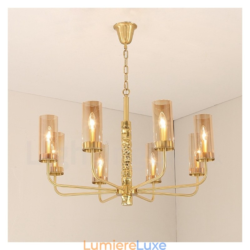 Lustre contemporain moderne à 8 lumières en laiton avec abat-jour en verre