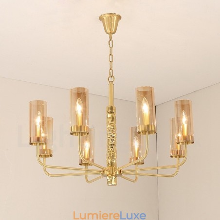 Lustre contemporain moderne à 8 lumières en laiton avec abat-jour en verre Lustre contemporain moderne à 8 lumières en laiton avec abat-jour en verre