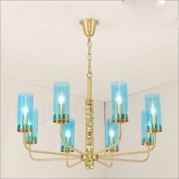 Lustre contemporain moderne à 8 lumières en laiton avec abat-jour en verre