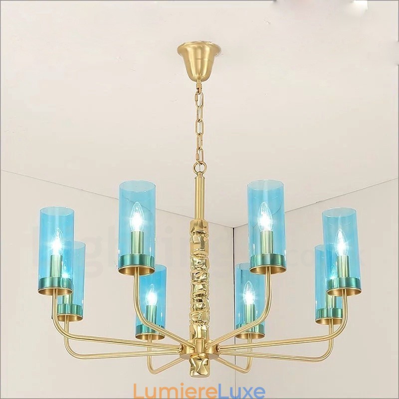 Lustre contemporain moderne à 8 lumières en laiton avec abat-jour en verre