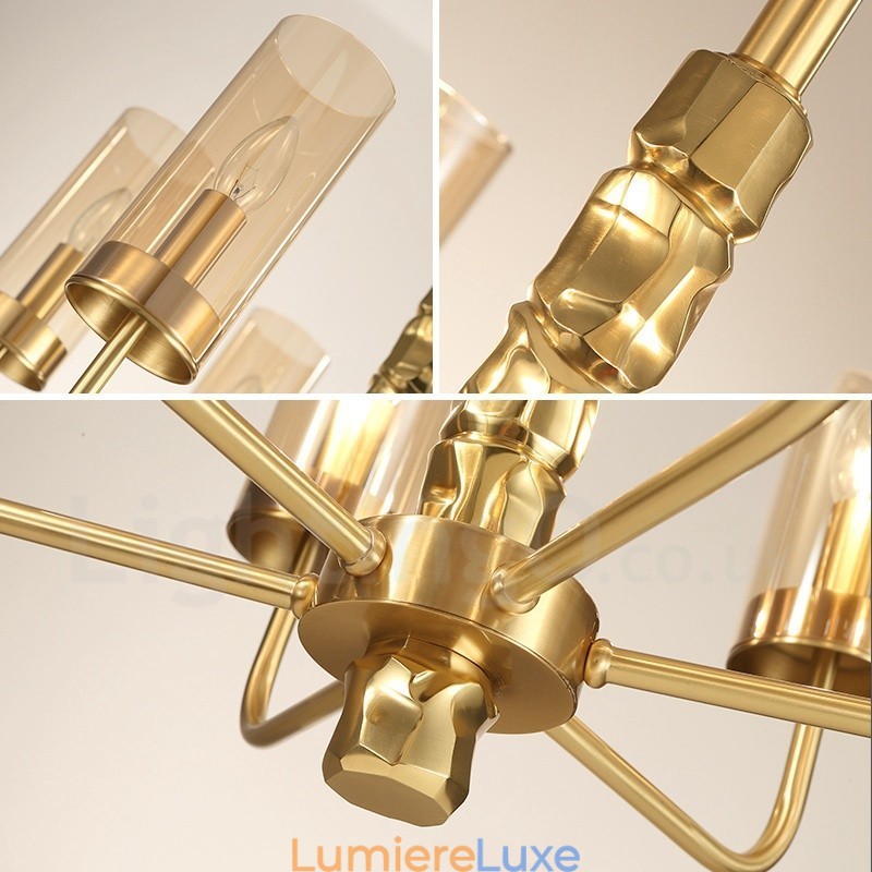 Lustre contemporain moderne à 8 lumières en laiton avec abat-jour en verre