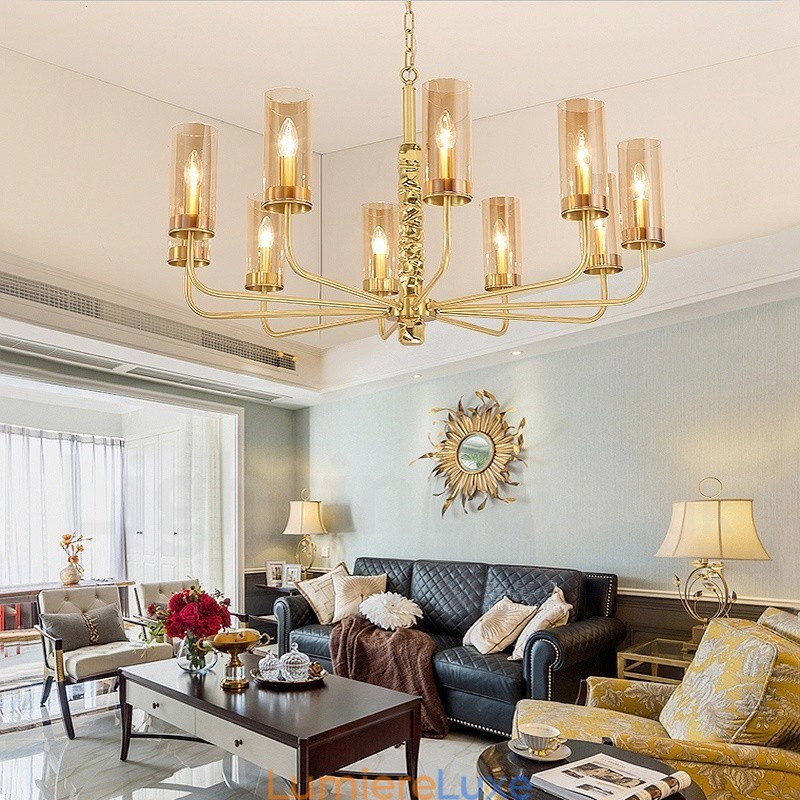 Lustre contemporain moderne à 10 lumières en laiton avec abat-jour en verre
