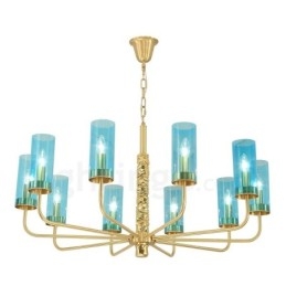 Lustre contemporain moderne à 10 lumières en laiton avec abat-jour en verre