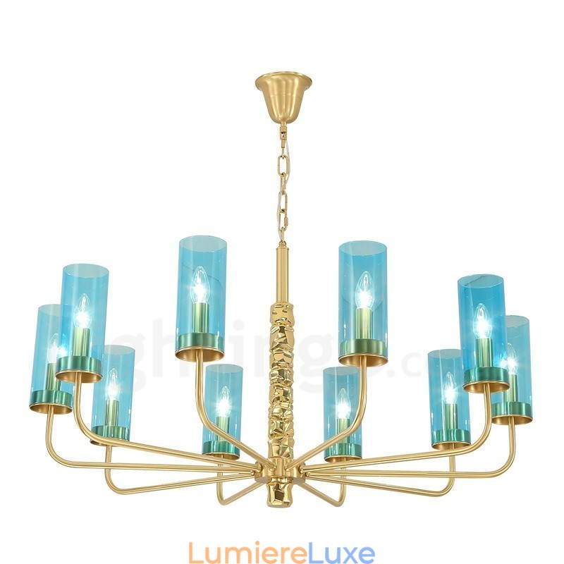 Lustre contemporain moderne à 10 lumières en laiton avec abat-jour en verre