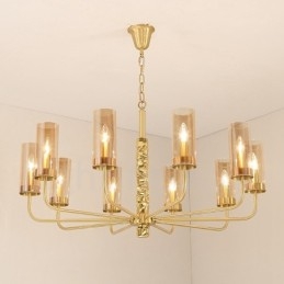 Lustre contemporain moderne à 10 lumières en laiton avec abat-jour en verre