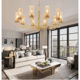 Lustre contemporain moderne à 10 lumières en laiton avec abat-jour en verre