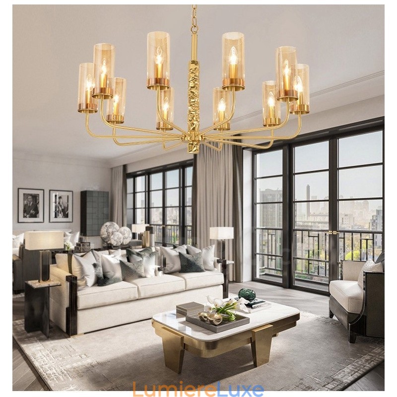 Lustre contemporain moderne à 10 lumières en laiton avec abat-jour en verre