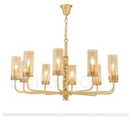 Lustre contemporain moderne à 10 lumières en laiton avec abat-jour en verre
