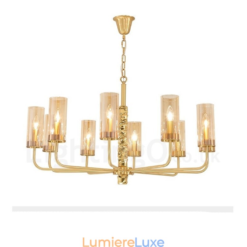 Lustre contemporain moderne à 10 lumières en laiton avec abat-jour en verre
