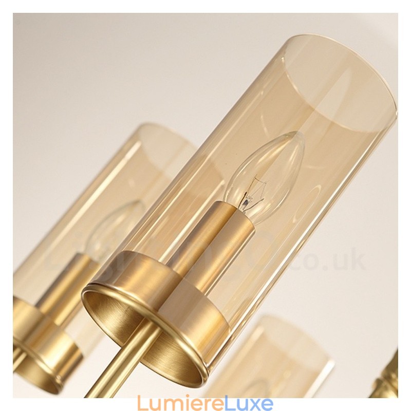 Lustre contemporain moderne à 10 lumières en laiton avec abat-jour en verre