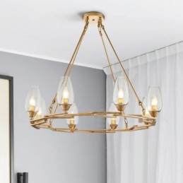 Suspension contemporaine moderne à 8 lampes en acier avec abat-jour en verre