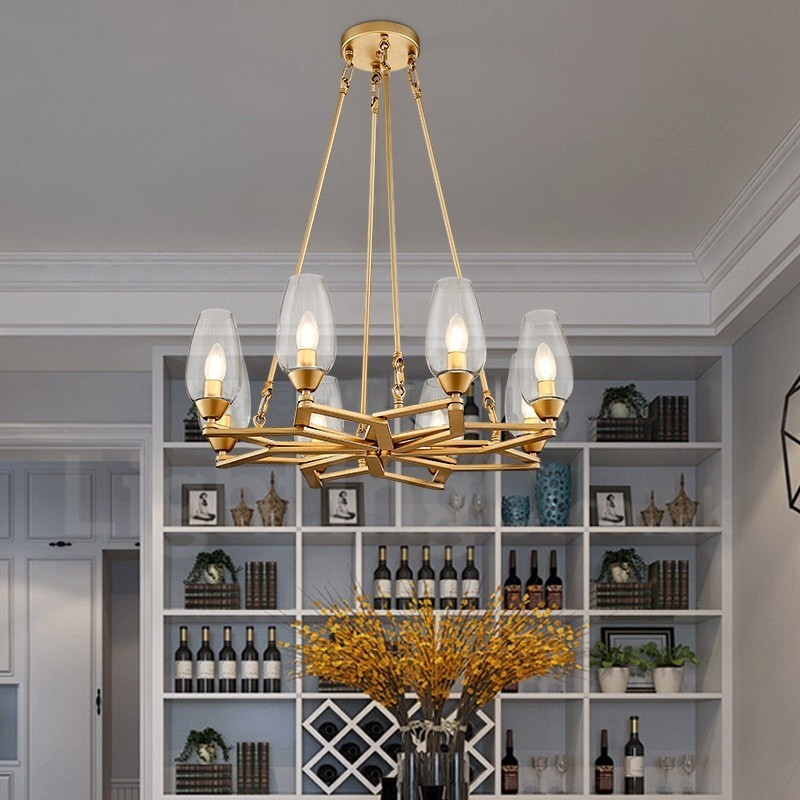 Suspension contemporaine moderne à 8 lampes en acier avec abat-jour en verre