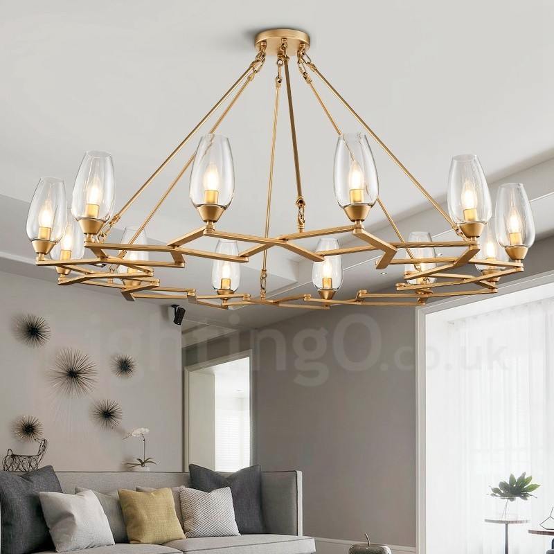 Suspension contemporaine moderne à 12 lampes en acier avec abat-jour en verre