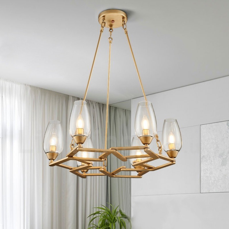 Suspension contemporaine moderne à 6 lampes en acier avec abat-jour en verre