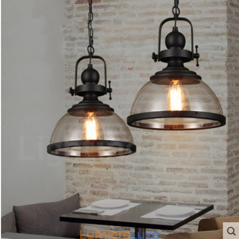 Suspension rétro en acier à 1 lumière avec abat-jour en verre