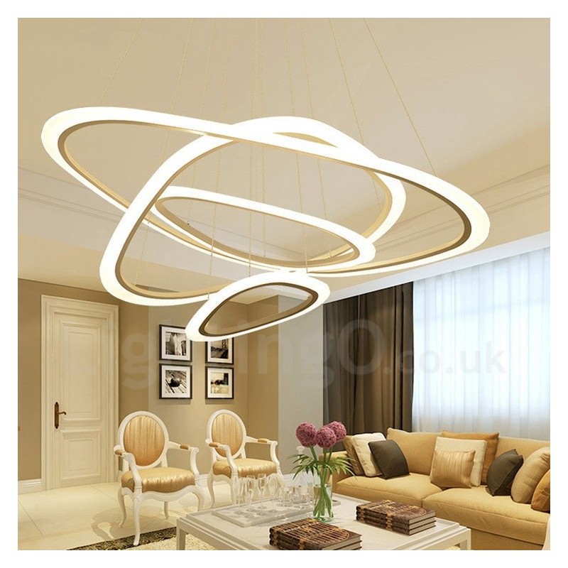 Suspension contemporaine moderne à 4 lampes en alliage d'aluminium avec abat-jour en acrylique et variateur d'intensité avec télécommande