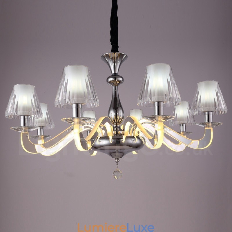 Lustre contemporain moderne à 8 lumières en acier à intensité variable avec abat-jour en verre