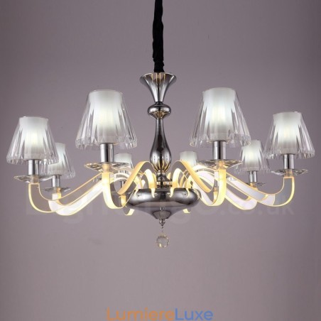 Lustre contemporain moderne à 8 lumières en acier à intensité variable avec abat-jour en verre Lustre contemporain moderne à 8 lumières en acier à intensité variable avec abat-jour en verre
