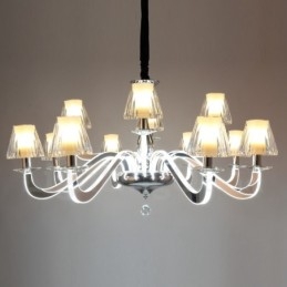 Lustre contemporain moderne à 12 lumières en acier à intensité variable avec abat-jour en verre