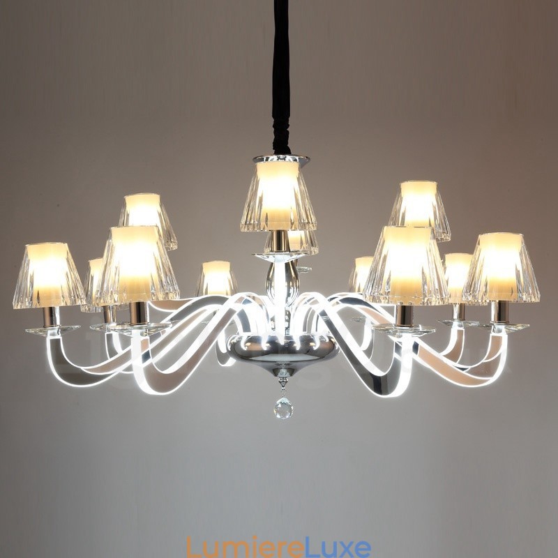 Lustre contemporain moderne à 12 lumières en acier à intensité variable avec abat-jour en verre