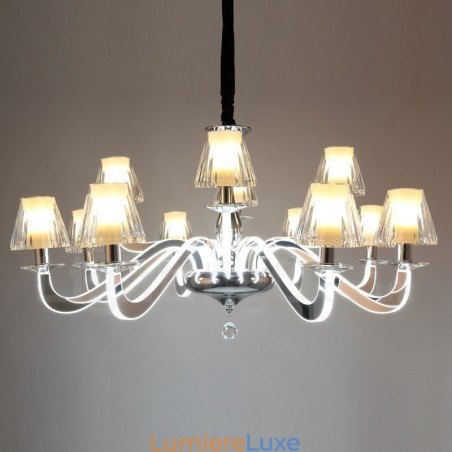 Lustre contemporain moderne à 12 lumières en acier à intensité variable avec abat-jour en verre Lustre contemporain moderne à 12 lumières en acier à intensité variable avec abat-jour en verre
