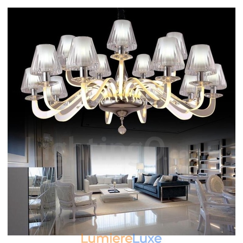 Lustre contemporain moderne à 15 lumières en acier à intensité variable avec abat-jour en verre