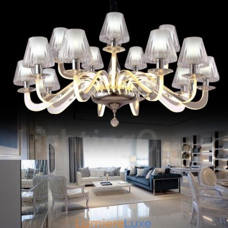 Lustre contemporain moderne à 15 lumières en acier à intensité variable avec abat-jour en verre Lustre contemporain moderne à 15 lumières en acier à intensité variable avec abat-jour en verre