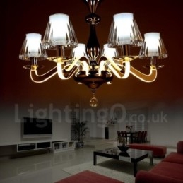 Lustre contemporain moderne à 6 lumières en acier à intensité variable avec abat-jour en verre