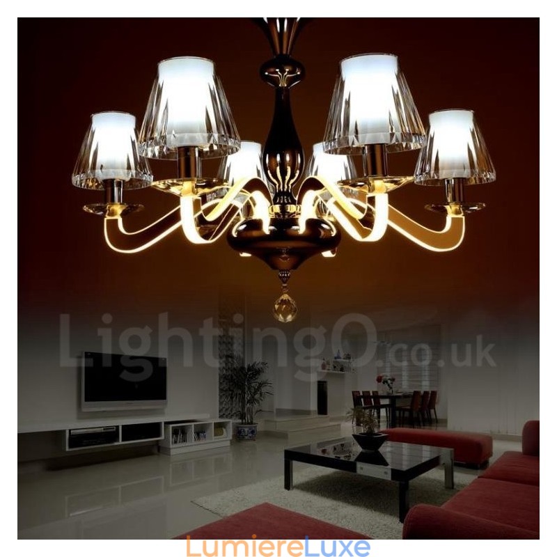 Lustre contemporain moderne à 6 lumières en acier à intensité variable avec abat-jour en verre