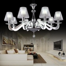 Lustre contemporain moderne à 6 lumières en acier à intensité variable avec abat-jour en verre