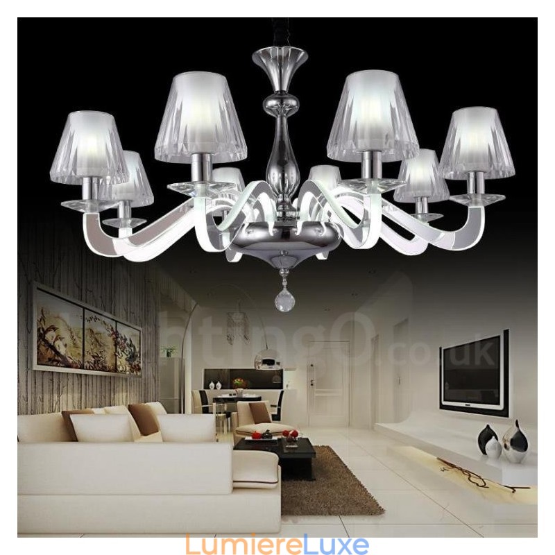 Lustre contemporain moderne à 6 lumières en acier à intensité variable avec abat-jour en verre
