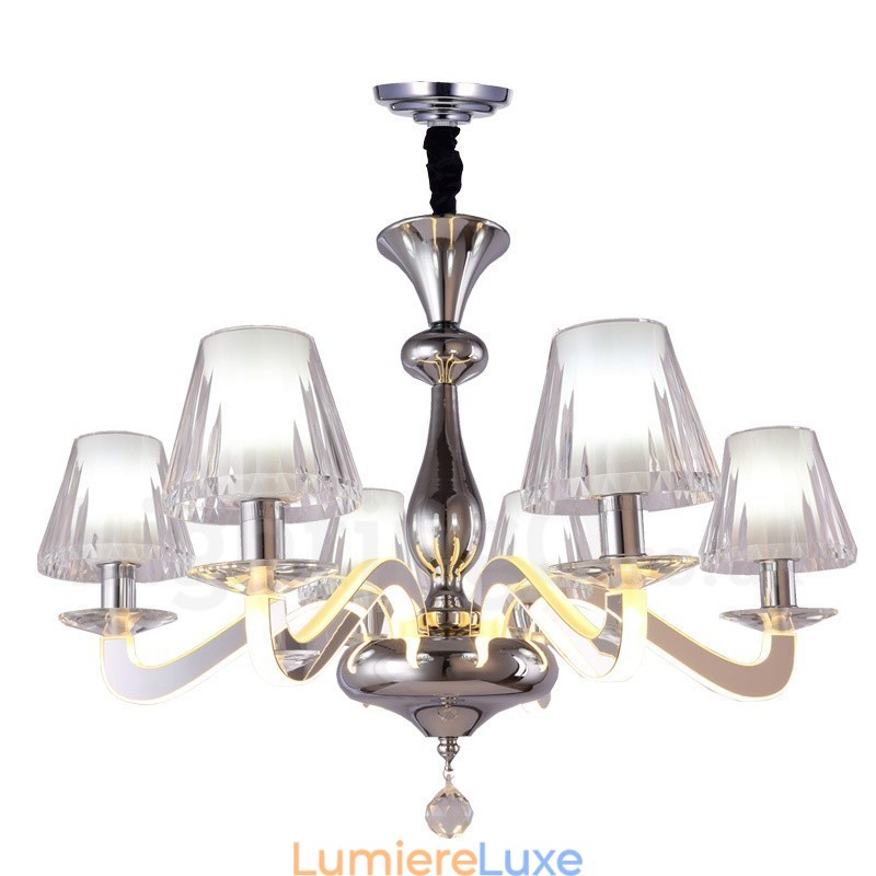 Lustre contemporain moderne à 6 lumières en acier à intensité variable avec abat-jour en verre