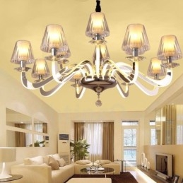 Lustre contemporain moderne à 10 lumières en acier à intensité variable avec abat-jour en verre