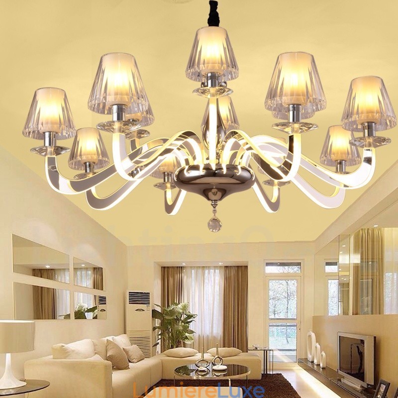 Lustre contemporain moderne à 10 lumières en acier à intensité variable avec abat-jour en verre