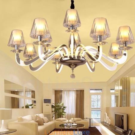 Lustre contemporain moderne à 10 lumières en acier à intensité variable avec abat-jour en verre Lustre contemporain moderne à 10 lumières en acier à intensité variable avec abat-jour en verre