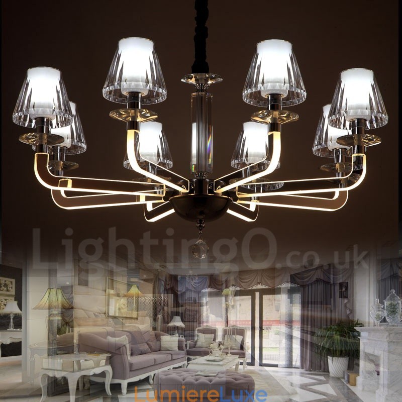 Lustre contemporain moderne à 8 lumières en cristal à intensité variable avec abat-jour en verre