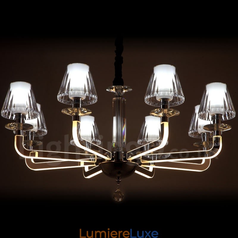 Lustre contemporain moderne à 8 lumières en cristal à intensité variable avec abat-jour en verre