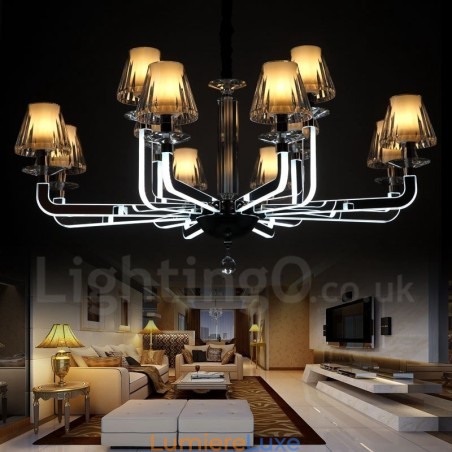 Lustre contemporain moderne à 12 lumières en cristal à intensité variable avec abat-jour en verre Lustre contemporain moderne à 12 lumières en cristal à intensité variable avec abat-jour en verre