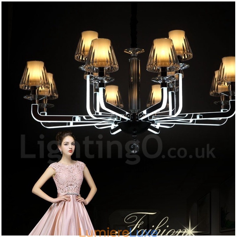Lustre contemporain moderne à 12 lumières en cristal à intensité variable avec abat-jour en verre