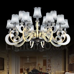 Lustre contemporain moderne à 15 lumières en acier à intensité variable avec abat-jour en verre