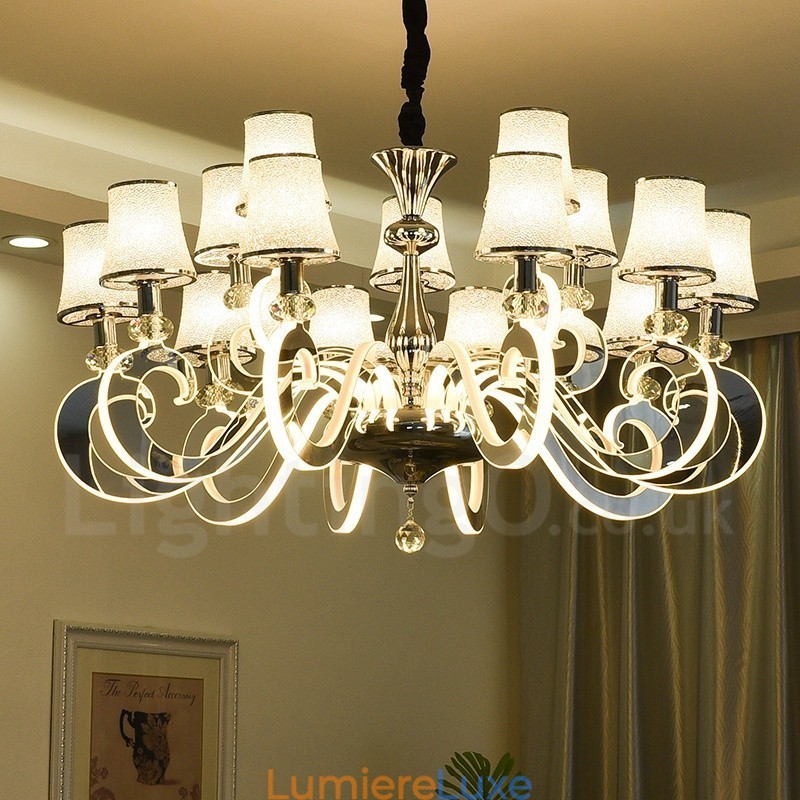 Lustre contemporain moderne à 15 lumières en acier à intensité variable avec abat-jour en verre