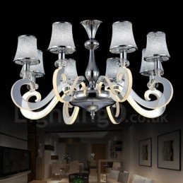 Lustre contemporain moderne à 8 lumières en acier à intensité variable avec abat-jour en verre
