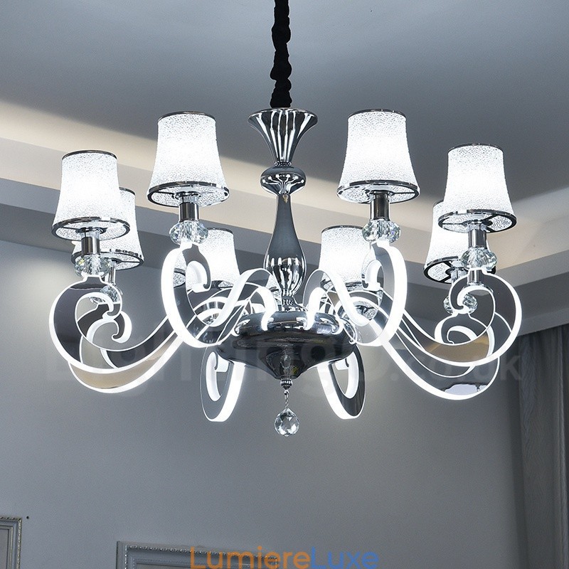 Lustre contemporain moderne à 8 lumières en acier à intensité variable avec abat-jour en verre